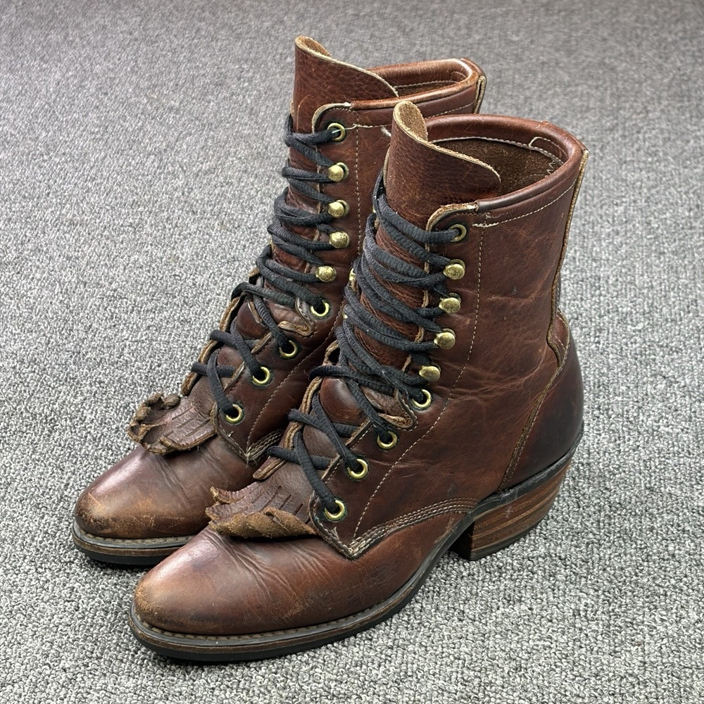 Vintage Durango Packer Boots Womens 6.5 M Brown Leather Kiltie Lace Up USA